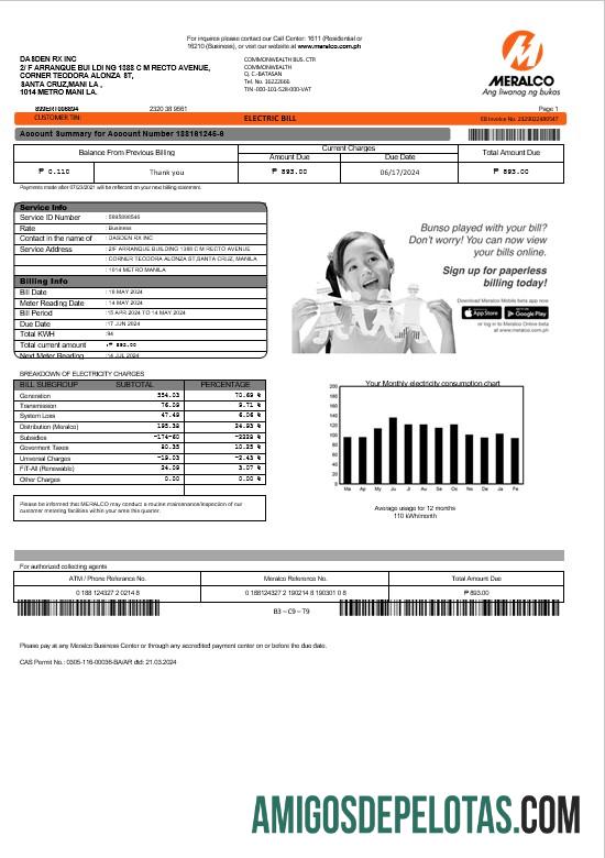 Para baixar modelo de fatura de serviços públicos de eletricidade Meralco das Filipinas em formatos Word e PDF